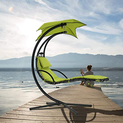 Hammock Chair Hanging Chair Lounge Chairs Outdoor Porch Swing Arc Stand with Canopy Umbrella and Pillow, 280 LBS Capacity, Heavy Duty Large Air Floating Chaise Chair for Patio Backyard Deck Garden