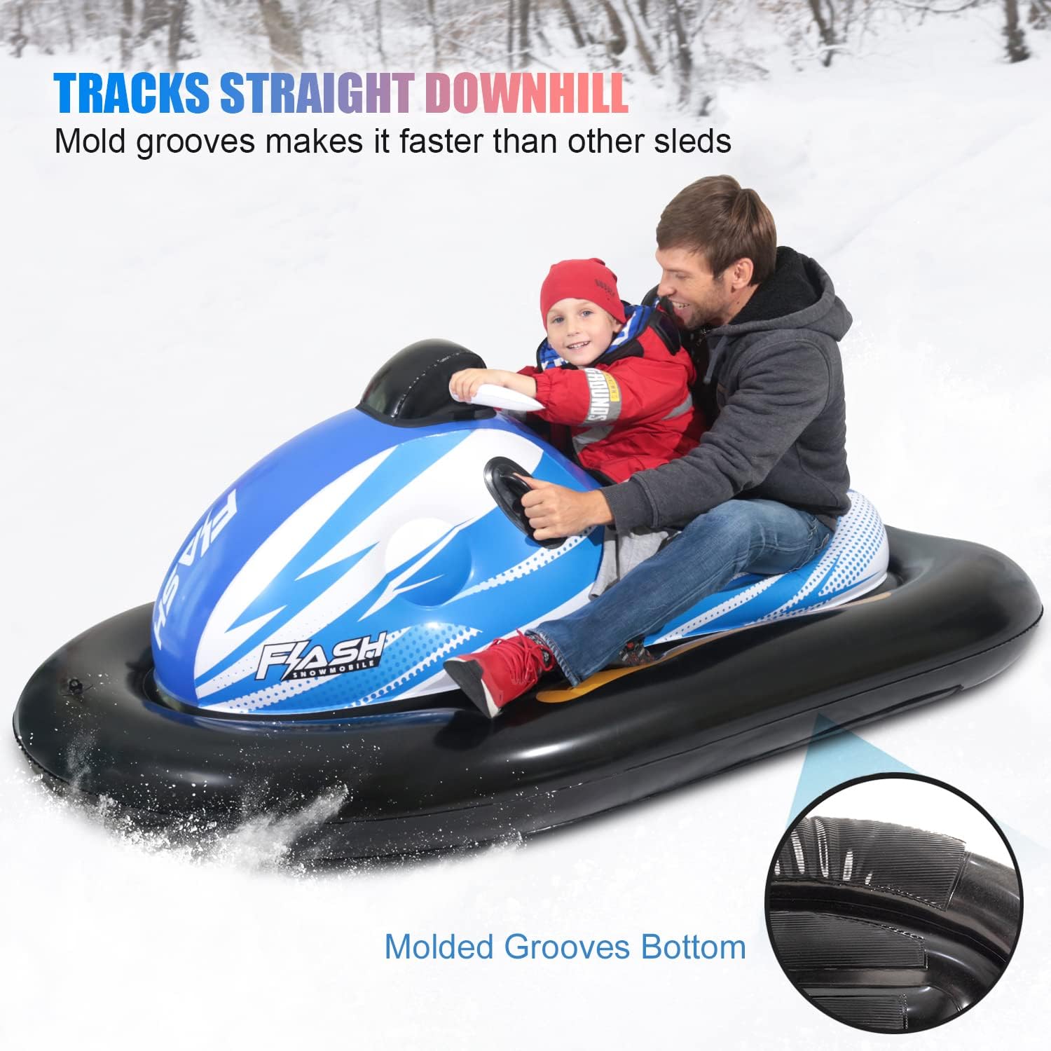 LIFECHOIC Snow Sled for Kids and Adults, 75" Giant Inflatable Snowmobile 2 Pack, Snow Tubes Heavy Duty with Reinforced Base, Side Handles and Rope, Winter Sledding Outdoor Play