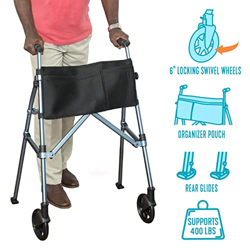 Stander Wonder Walker Plus Short, Junior Lightweight Folding Rolling Walker for Adults, Seniors, Elderly, Petite Travel Walker with Wheels, Glides, Pouch, Compact Standard Walker, Black Walnut