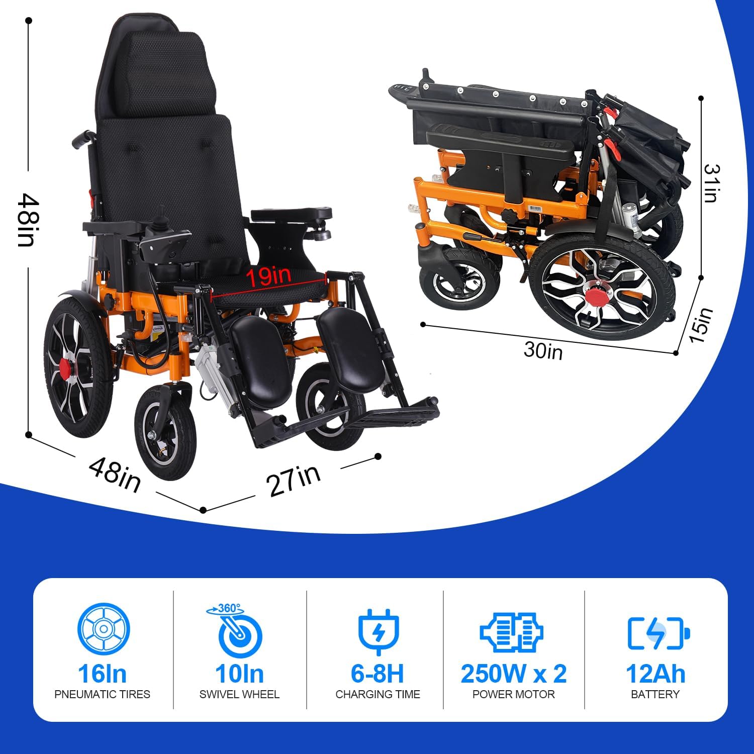  Reclining Electric Wheelchair,Foldable Intelligent Wheelchairs for Adults,20Miles Long Range Power Wheelchair,Lightweight Motorized Wheelchair for Seniors with Headrest, Remote Control Wheelchair