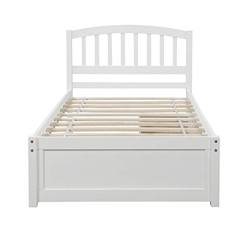 Twin Size Platform Bed with 2 Storage Drawers, Solid Wood Twin Bed Frame with Slat support and Headboard for Kids, Teen, Adults, No Box Spring Needed(Twin, White)