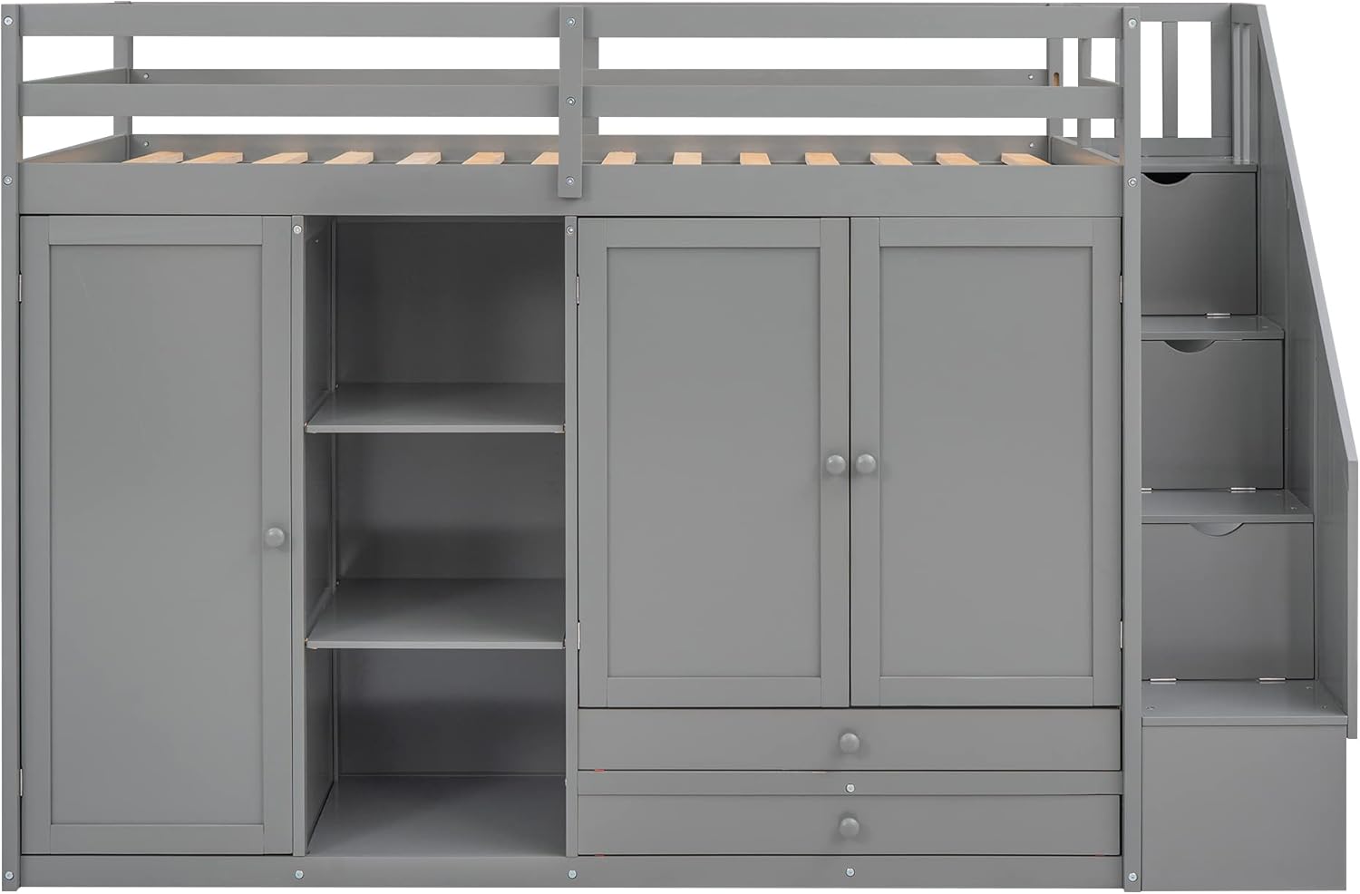 Twin Size Functional Loft Bed with 3 Shelves, 2 Wardrobes and 2 Drawers, Ladder w/Storage Stairway, Wooden Loft Bedframe, Space Saving Bedroom Furniture for Kids Teens, No Box Spring Required