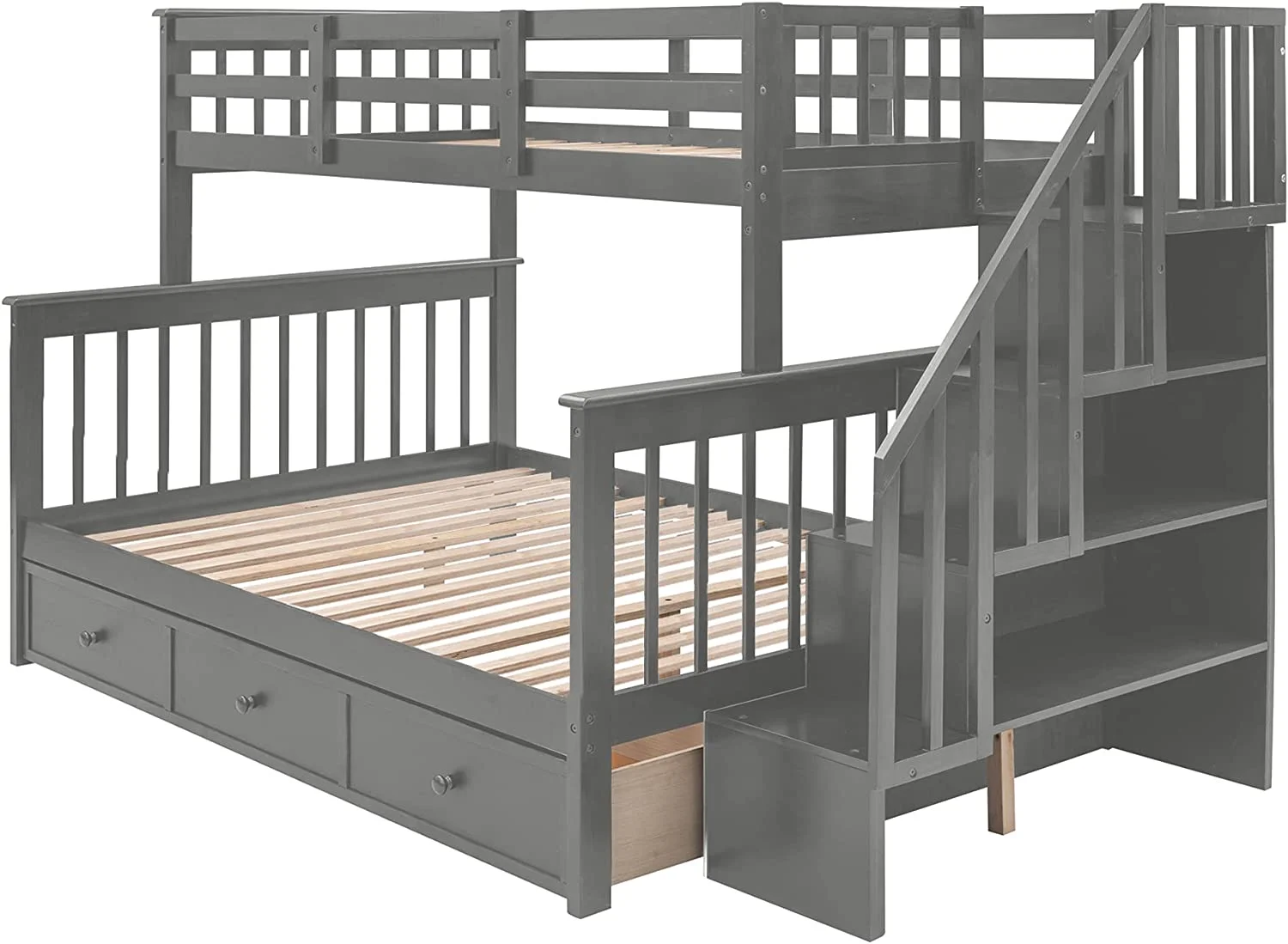 Over Full Bunk Bed With Stairs And Storage Drawers, Hardwood Stairway Bunk Bed Frame For Kids Teens Adults, Bedroom, Dorm - Gray