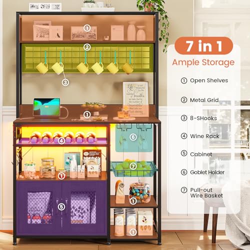 Kitchen Bakers Rack with Storage Shelves, Microwave Stand with Power Outlet and LED Light, Coffee Bar Cabinet Wire Basket Metal Grid Wine Rack Goblet Holder Hooks (Rustic Brown)