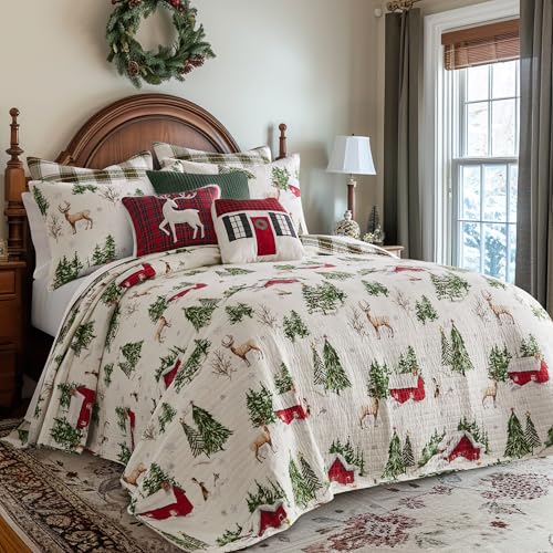 Levtex Home - Tatum Pines Quilt Set - King/Cal King Holiday Quilt 106x92 and Two King Pillow Shams 20x36 - Christmas Cabin - Red, Green, Brown and White - Reversible - Cotton