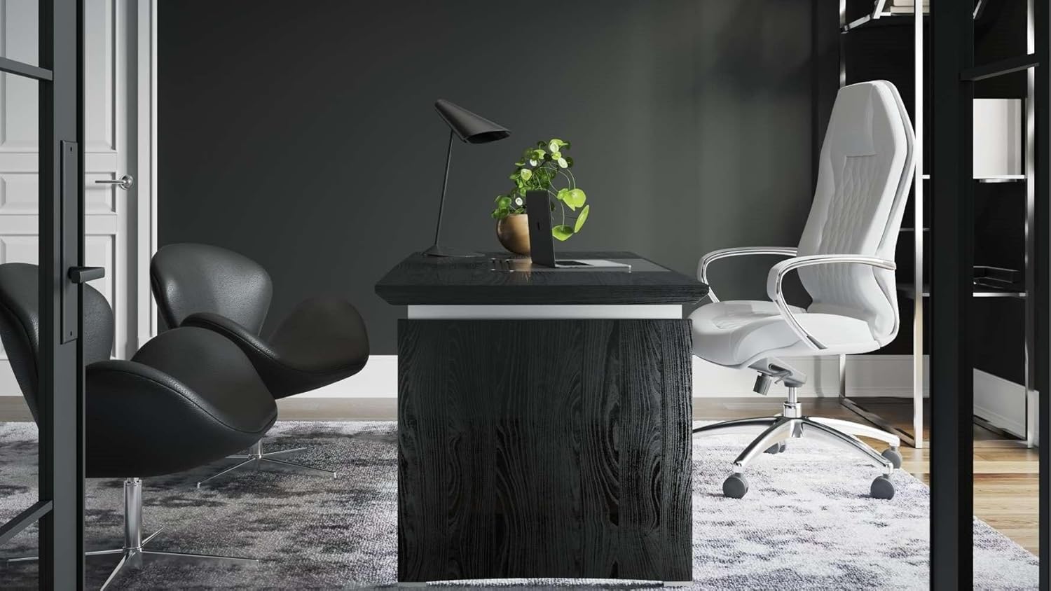 ZURI Modern 71" Washington Black Oak Wood Desk with Leather Writing Pad
