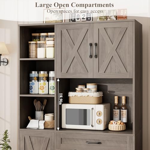 HOSTACK 71" Tall Kitchen Pantry Storage Cabinet, Farmhouse Food Pantry Cabinet with Microwave Stand, Barn Doors Kitchen Hutch with Large Drawer and Shelves for Dining Room, Ash Grey