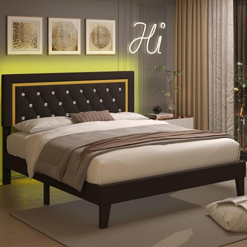 Full Size Bed Frame, Upholstered Platform Bed Frame with LED Light, Adjustable Headboard Tufted, No Box Spring Needed, Easy Assembly, Black