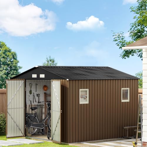 10X12X7.5 FT Outdoor Steel Storage Shed with Lockable Doors, 2 Windows, Transparent Roof Panels (Wood Panels & Frame Floor Not Included), Ideal for Patio Storage,Garbage Can, Chicken Coop，Brown