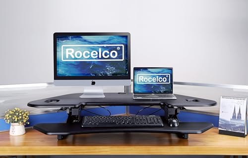 Rocelco 46" Height Adjustable Corner Standing Desk Converter with AC Outlet USB Charger and Dual Monitor Arm Mount - Stand Up Tabletop Riser Workstation - Keyboard Tray - Black (R CADRB-46-ACUSB-DM2)