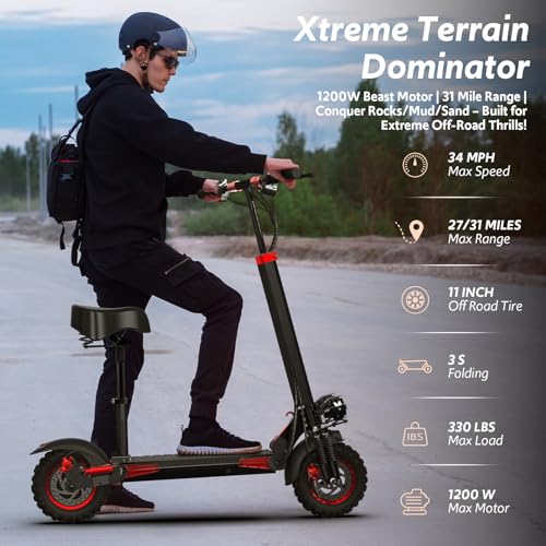 Off Road Electric Scooter Adults, 800/1200W Motor, 48V 15/18/21AH Battery, 11" All-Terrain Tires, Heavy Duty E-Scooter with Dual Suspension with Seat