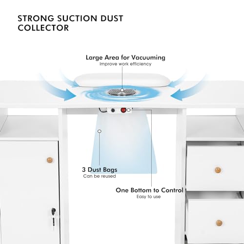 Artist hand Manicure Table, Nail Table, Nail Beauty Manicure Desk, Wrist Cushion, Lockable Wheels, Storage Drawers, Electric Downdraft Vent, White