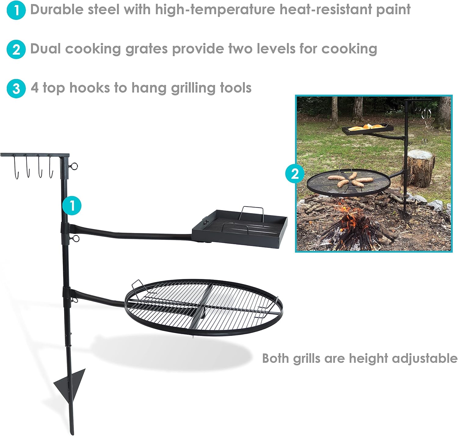 Sunnydaze Dual Campfire Steel Cooking Grill Grate Swivel System - Outdoor Adjustable Fire Pit BBQ Grilling Accessory Set with Stand - Ground Stake with 2 Swing Grates