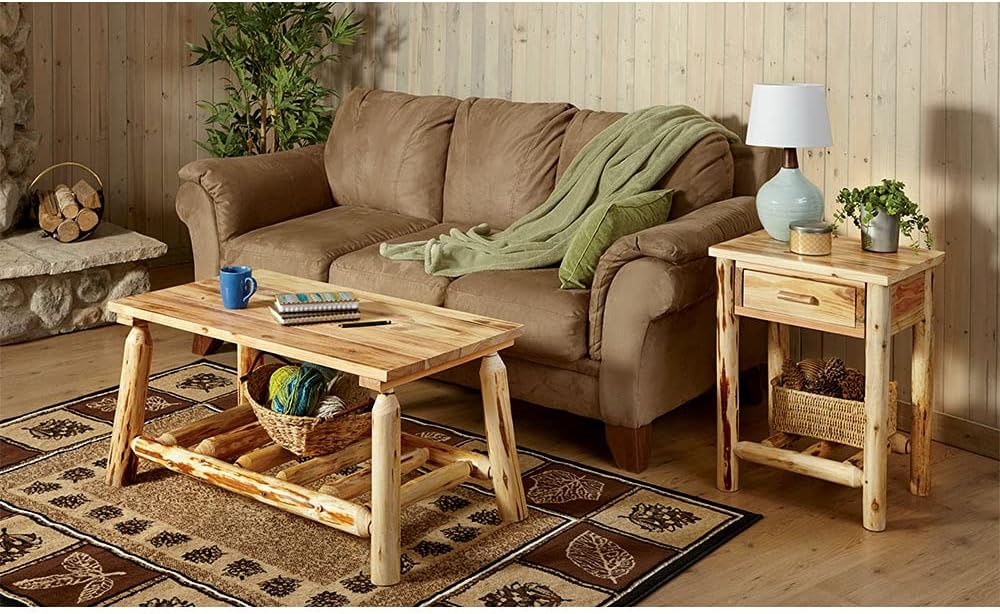 CASTLECREEK Pine Log End Table Nightstand, Rustic Natural Weathered Look Wooden Side Tables with Storage Drawer for Living Room Couch, Bedroom