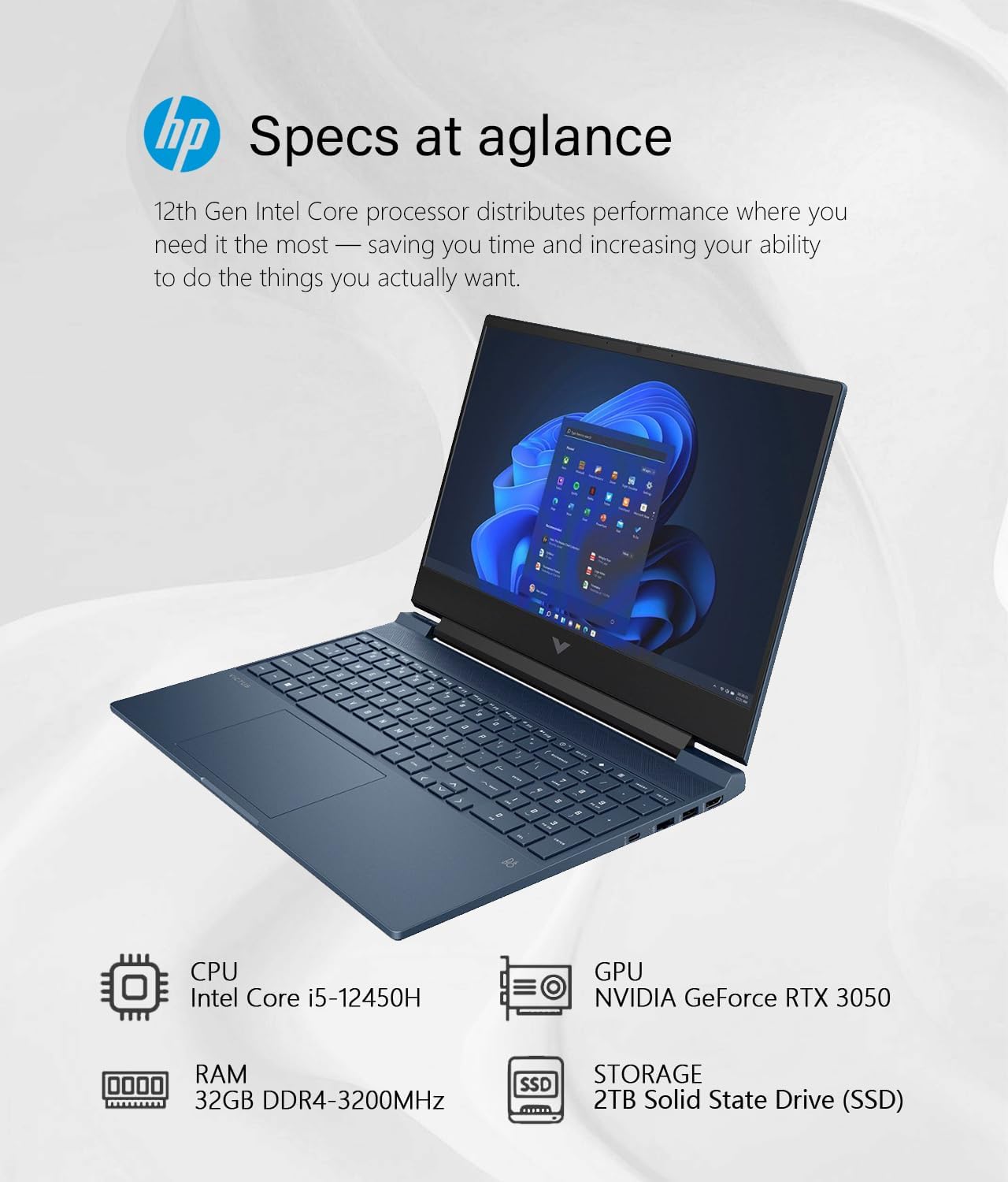 HP Victus 15.6" Full HD 144Hz Gaming Laptop, Intel 12th Gen Core i5-12450H, 32GB Memory, NVIDIA GeForce RTX 3050, 2TB SSD, Bluetooth, Wi-Fi, Backlit Keyboard, Windows 11, Performance Blue