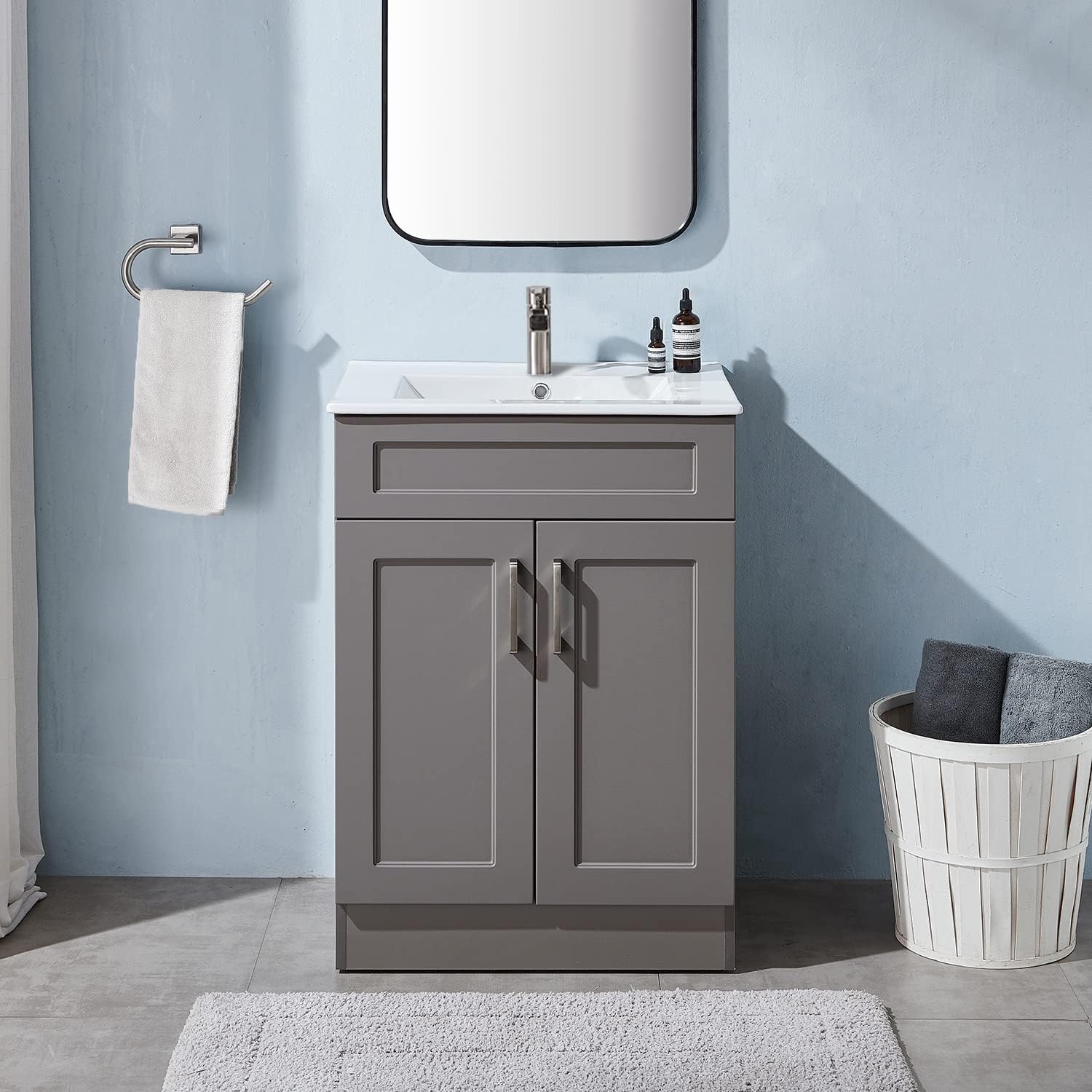 24 Inch Bathroom Vanity, Small Bathroom Vanity with Sink, Gray Bath Vanity Sink Set, Bathroom Vanity Cabinet with White Ceramic Vessel Basin Top