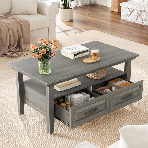 Marsail Lift Top Coffee Table with Open & Hidden Storage, Modern Fluted Coffee Table with Smooth Lift Mechanism, Sturdy Space-Saving Center Table for Home Living Room, Office, Natural Oak