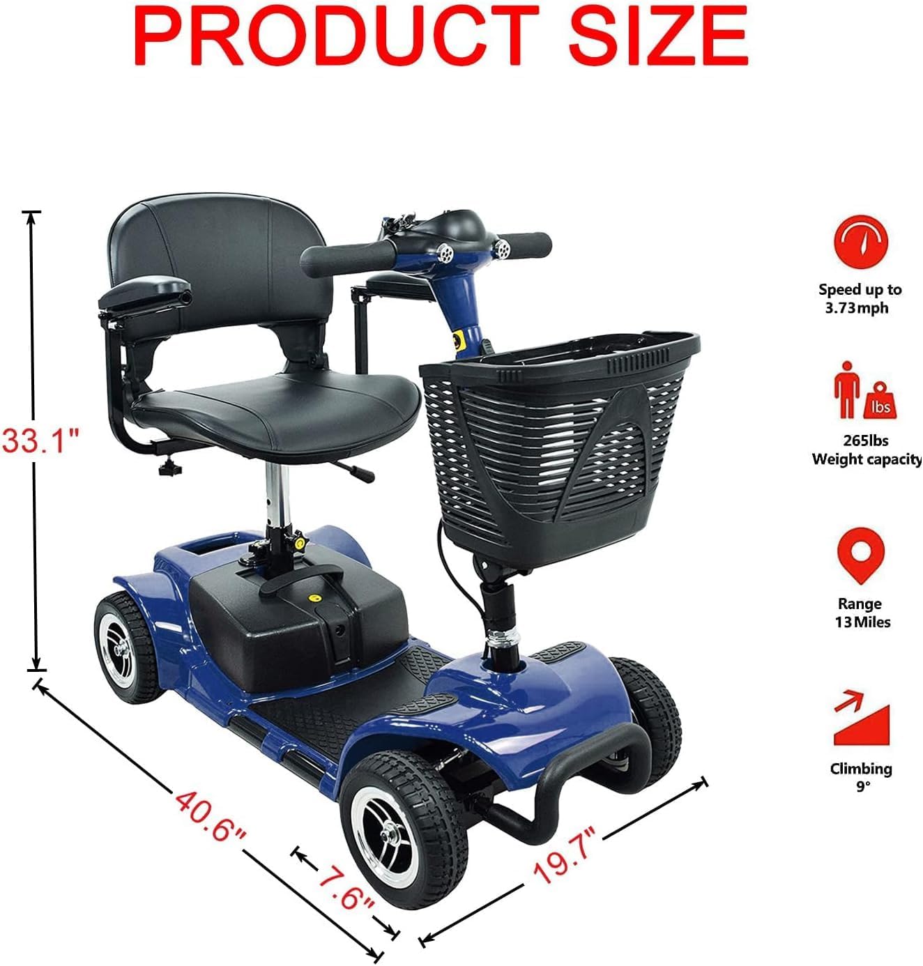 4 Wheel Mobility Scooter, Electric Power Mobile Wheelchair for Seniors Adult with Lights- Collapsible and Compact Duty Travel Scooter w/Basket Blue