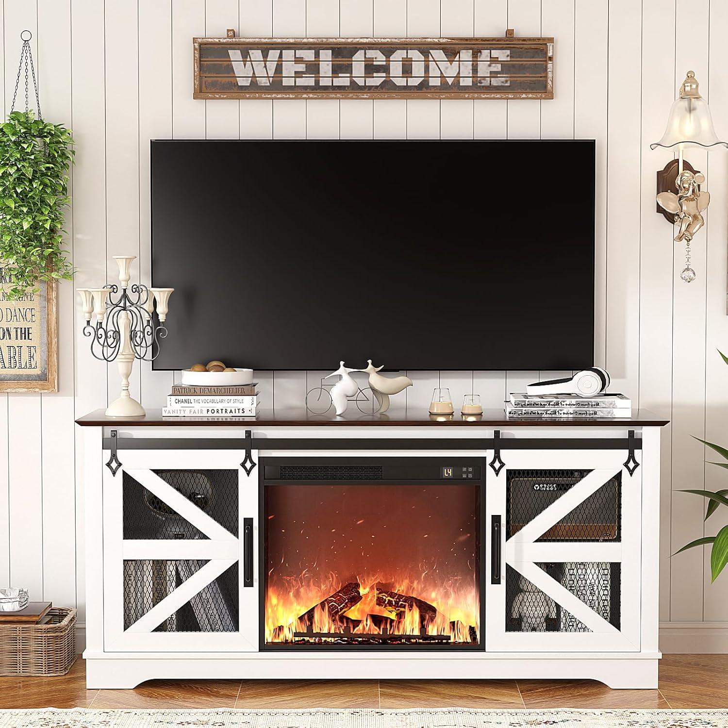 VOWNER Fireplace TV Stand for 65 Inch TV, Farmhouse Media Console Table with Electric Fireplace Heater & Sliding Barn Doors, Entertainment Center for Living Room, White