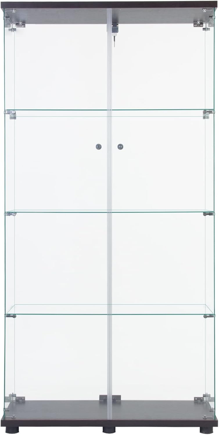 Lighted Two Door Glass Cabinet Glass Display Cabinet with 4 Shelves, Black