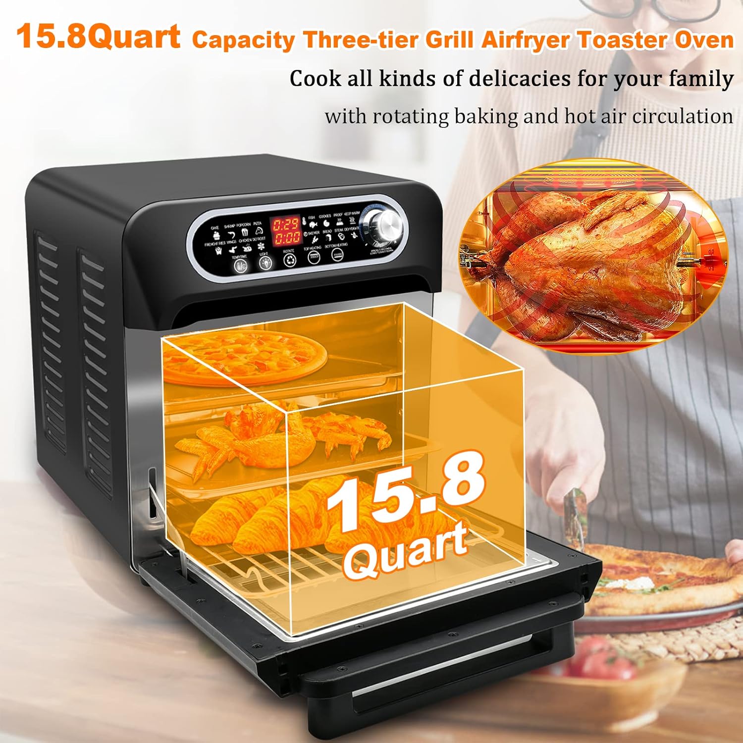 Air Fryer Oven, 15.8qt 3-layer Large Air fryer Toaster Oven Combo for Fries, Chicken, Pizza, Cake, Popcorn, Steak, Rotisseries, 16-in-1 Convection Oven Countertop with 6 Accessories,1500W, Stainless Steel Finish