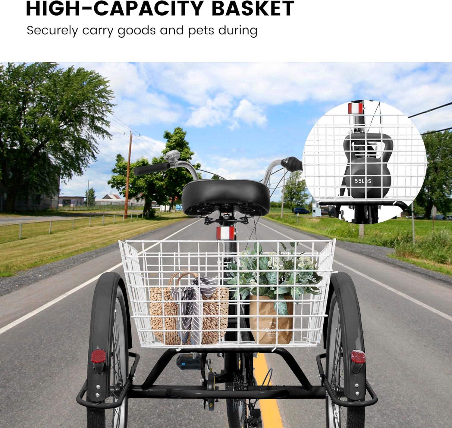 Adult Tricycles 7 Speed,Three-Wheeled Bicycles,Cargo Tricycle with Large Shopping Basket,Adult Cruise Trike 24 inch 3 Wheel Bikes for Seniors,Women,Men,Black