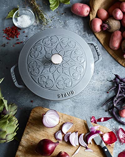 Staub Cast Iron 3.75-qt Essential French Oven with Lilly Lid - Graphite Grey, Made in France