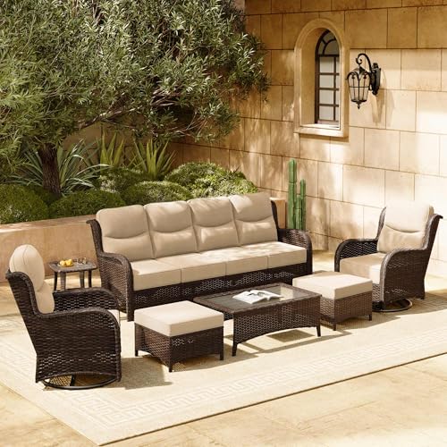 Luxury Patio Furniture Set with 6-inch Thick Cushion, Outdoor Couch and High Back Swivel Rocker Patio Chairs, 7PCS Wicker Conversation Set for Deck, Yard, and Poolside in Blue (V2)
