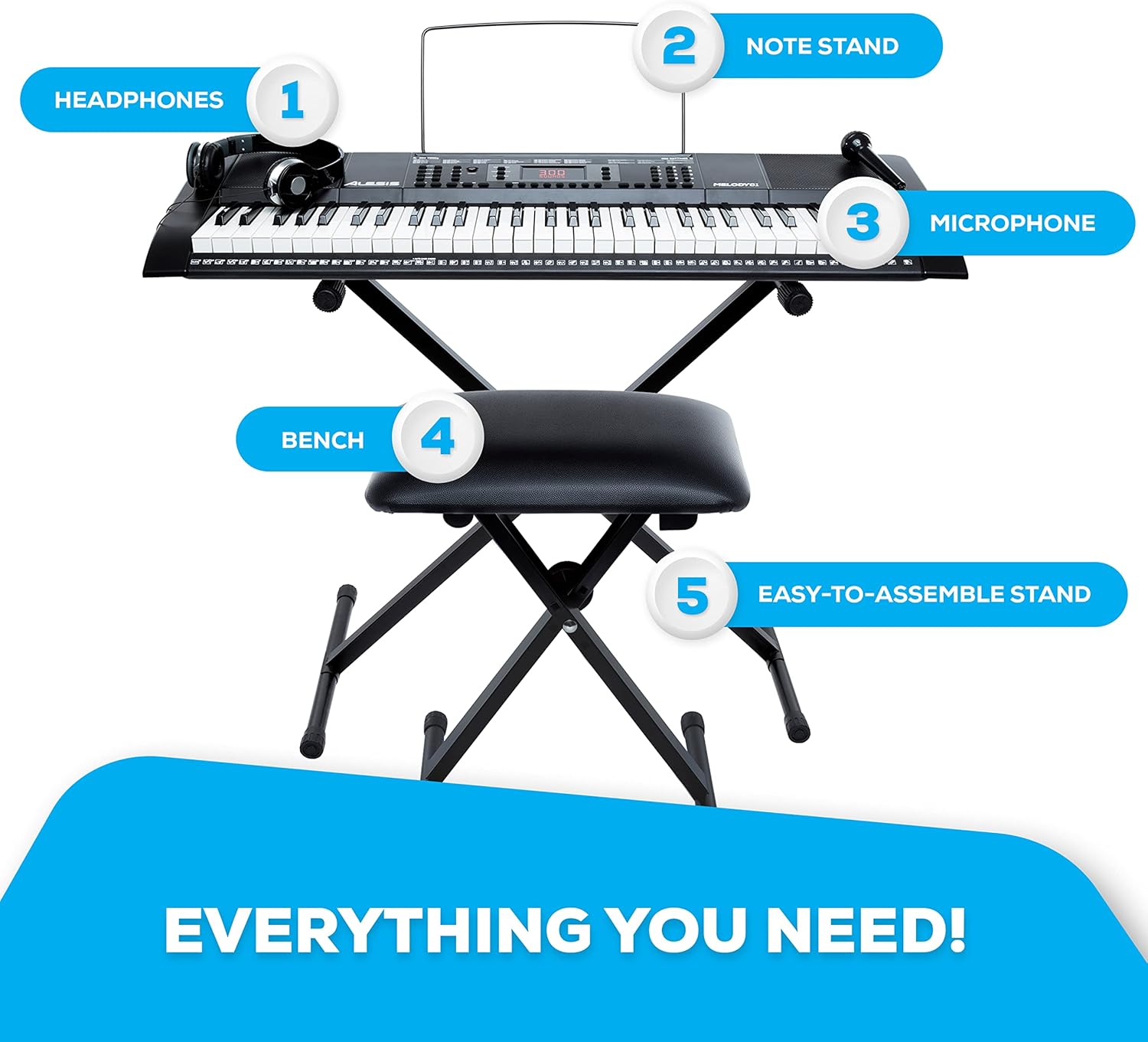 Alesis Melody 61 Key Keyboard Piano with 300 Sounds, Speakers, Digital Piano Stand, Bench, Headphones, Microphone, Music Lessons and Demo Songs