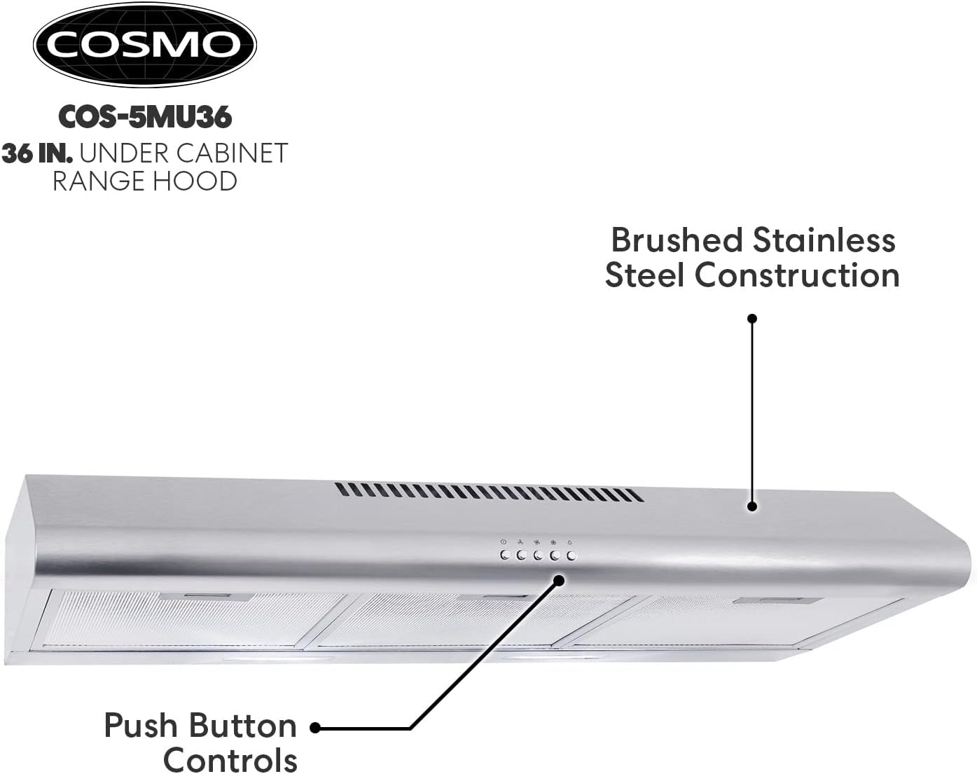 Cosmo COS-5MU36 36 in. Under Cabinet Range Hood Ductless Convertible Duct, Slim Kitchen Stove Vent with 3 Speed Exhaust Fan, Reusable Filter and LED Lights in Stainless Steel, 36 inch