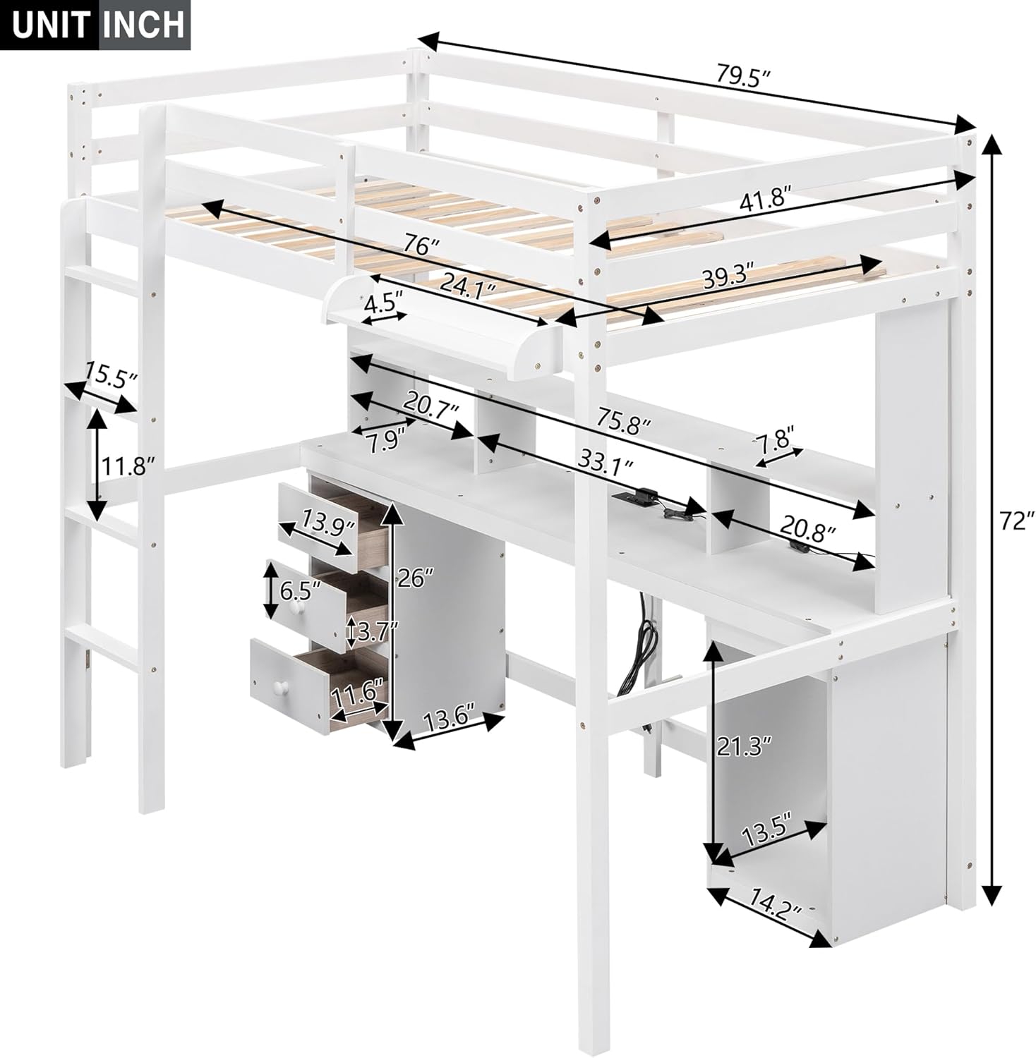 Full Size Loft Bed with Multi-Storage Desk, LED Light, Bedside Tray, Charging Station, and Wooden Frame with 3 Drawers - Perfect for Kids, Teens, Dorm Rooms, and Small Spaces, White（41.8" W）