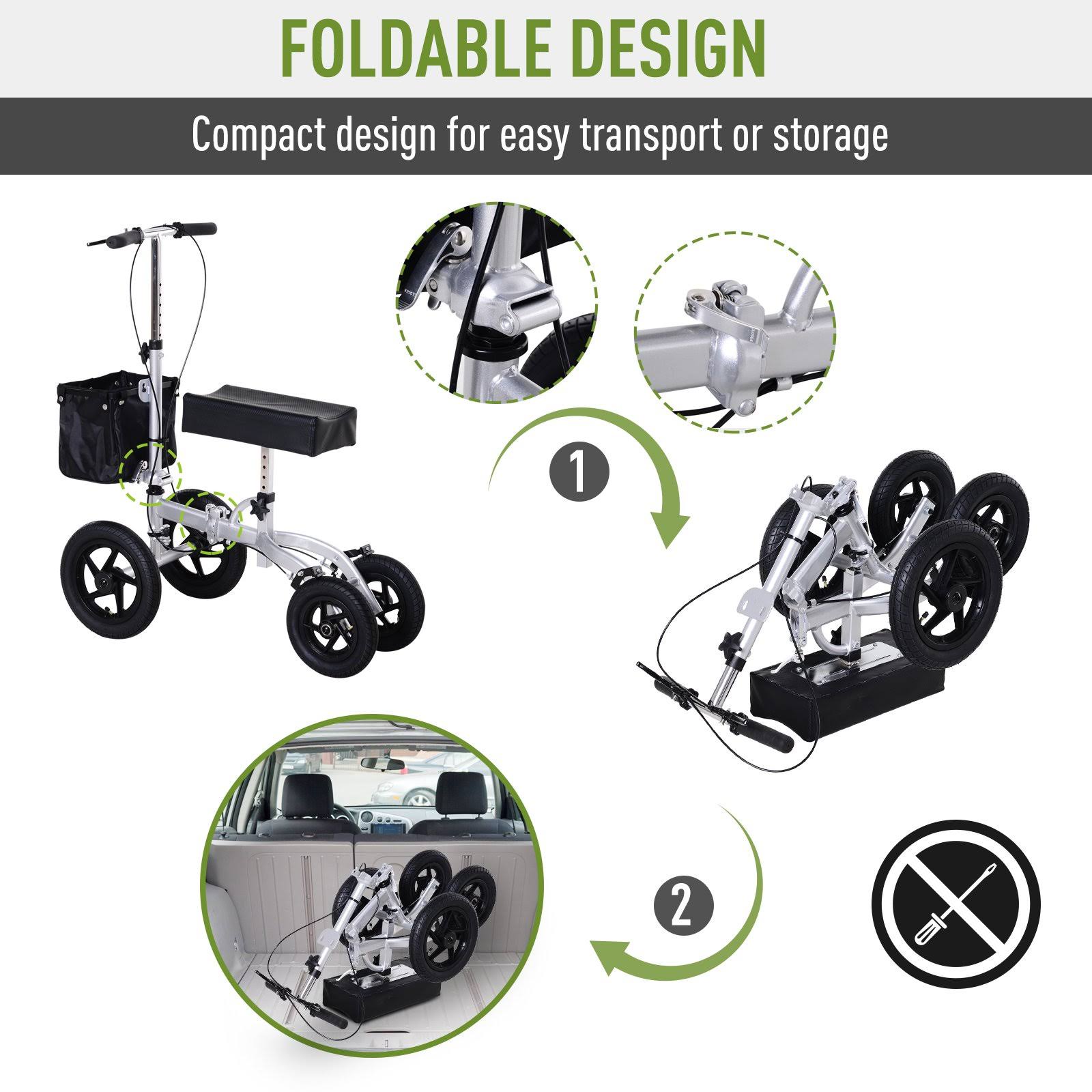HomCom Knee Scooter with Basket Storage - Walker Mobility During Medical Rehabilitation u0026 Injury - Folding for Transport - S