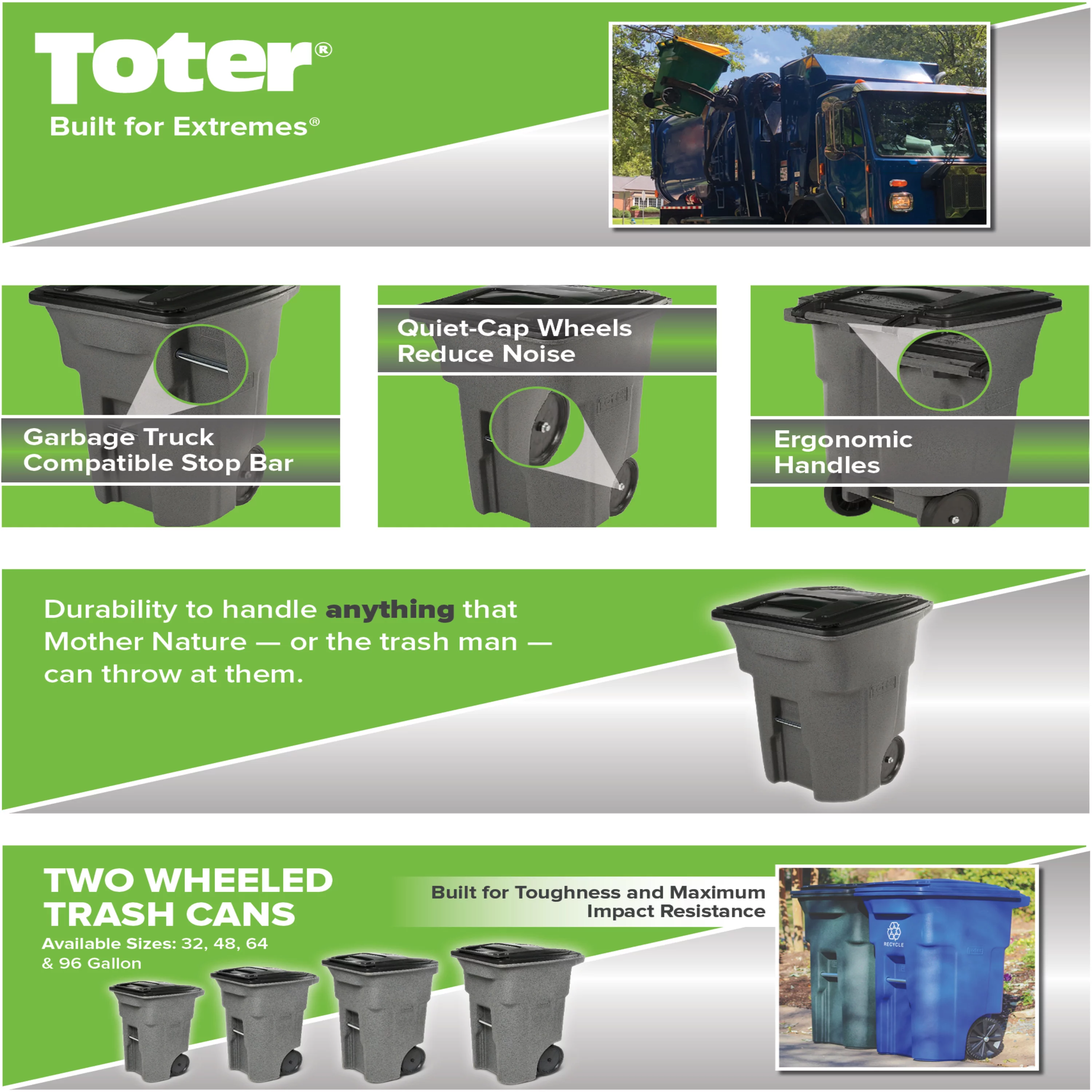 Toter 96 Gal. Trash Can Greenstone with Quiet Wheels and Lid