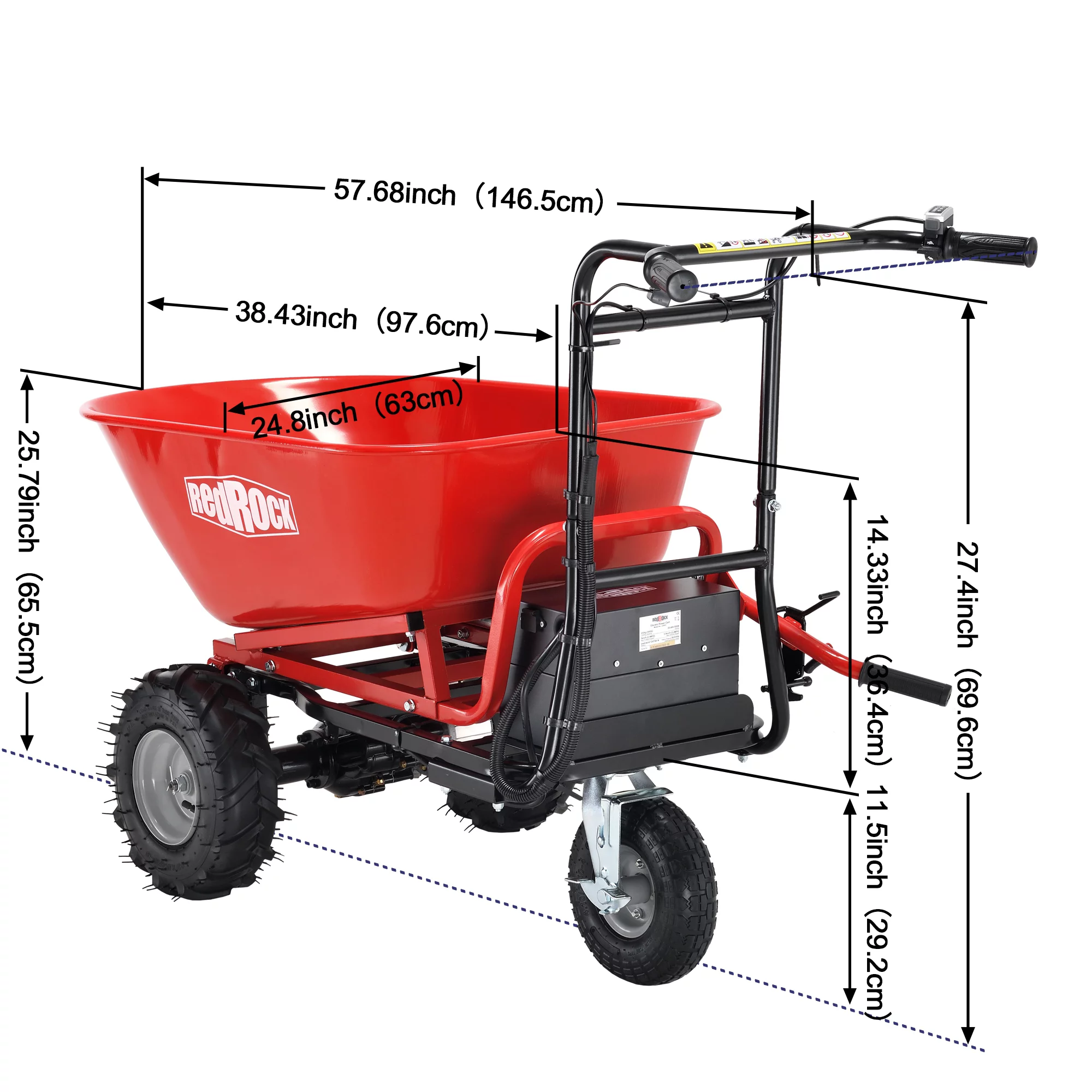 RedRock Electric Wheelbarrow Utility Cart - 48V28Ah 500W, 500lbs Capacity, Steel Construction, 1000lbs Towing, Ideal for Garden and Construction Work