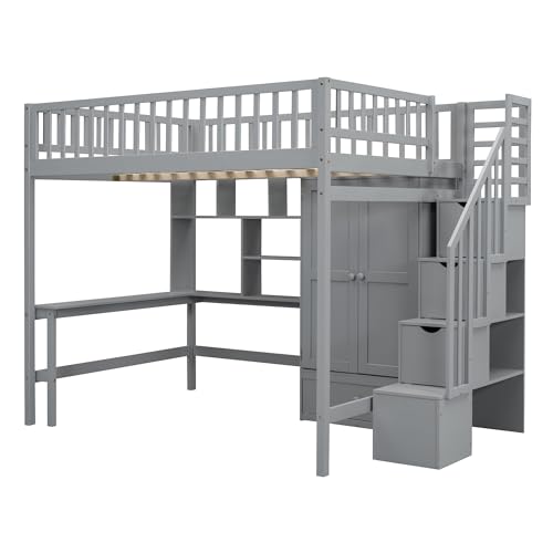 Full Size Loft Bed with Wardrobe Desk Storage Stairs, Wood Loft Bed Frame with Bookcase and Drawers, High Loft Bedframe for Kids Teens Adults, No Box Spring Needed, Espresso
