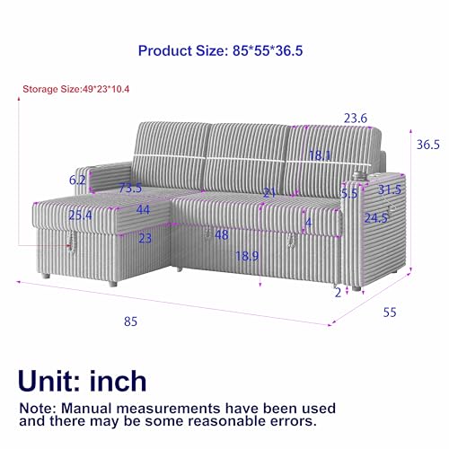 L-Shaped Sleeper Sectional Sofa Bed with Storage Chaise, Convertible Sleeper Sofa Pull Out Couch Bed, Corduroy Upholstered 3 Seater Corner Sofa with Cup-holder, USB Charge Port, Brown