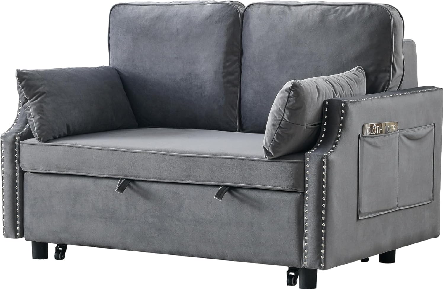 Grey Velvet Upholstered Recliner Bed with Pull-Out Sleeper Sofa Folding Loveseat Side Pockets for Living Room Abstract Lake House Modern Contemporary Solid Wood