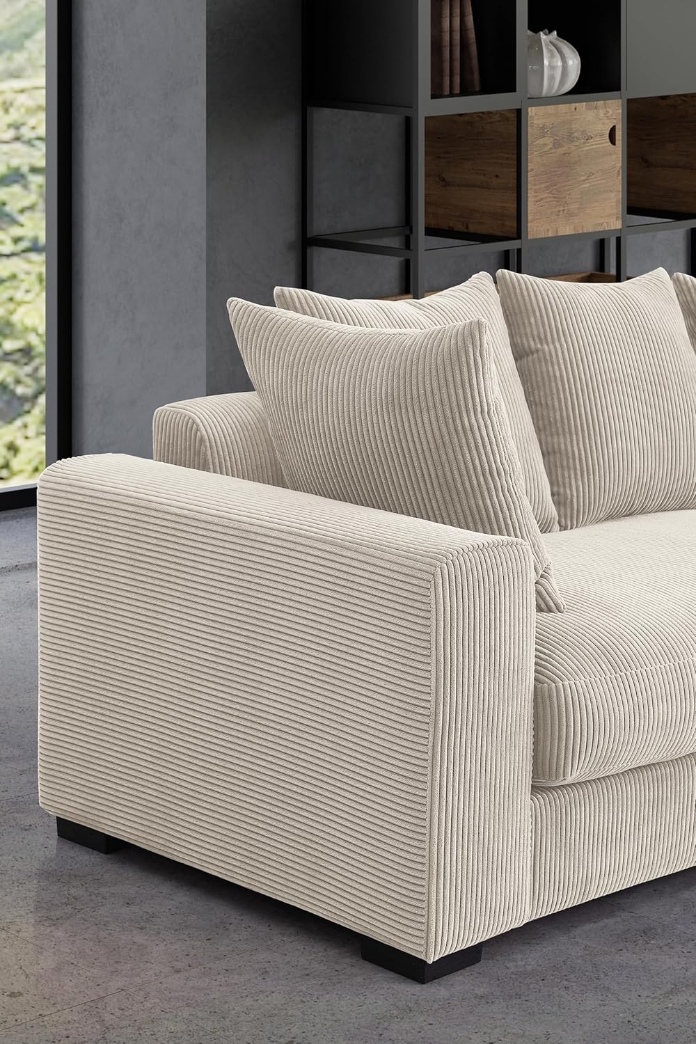 Corduroy 3-Piece Upholstered Sectional Chaise,L Shaped Sofa with Versatile Ottoman and Six Complementary Toss Pillows for Living Room,Apartment,Office,Beige
