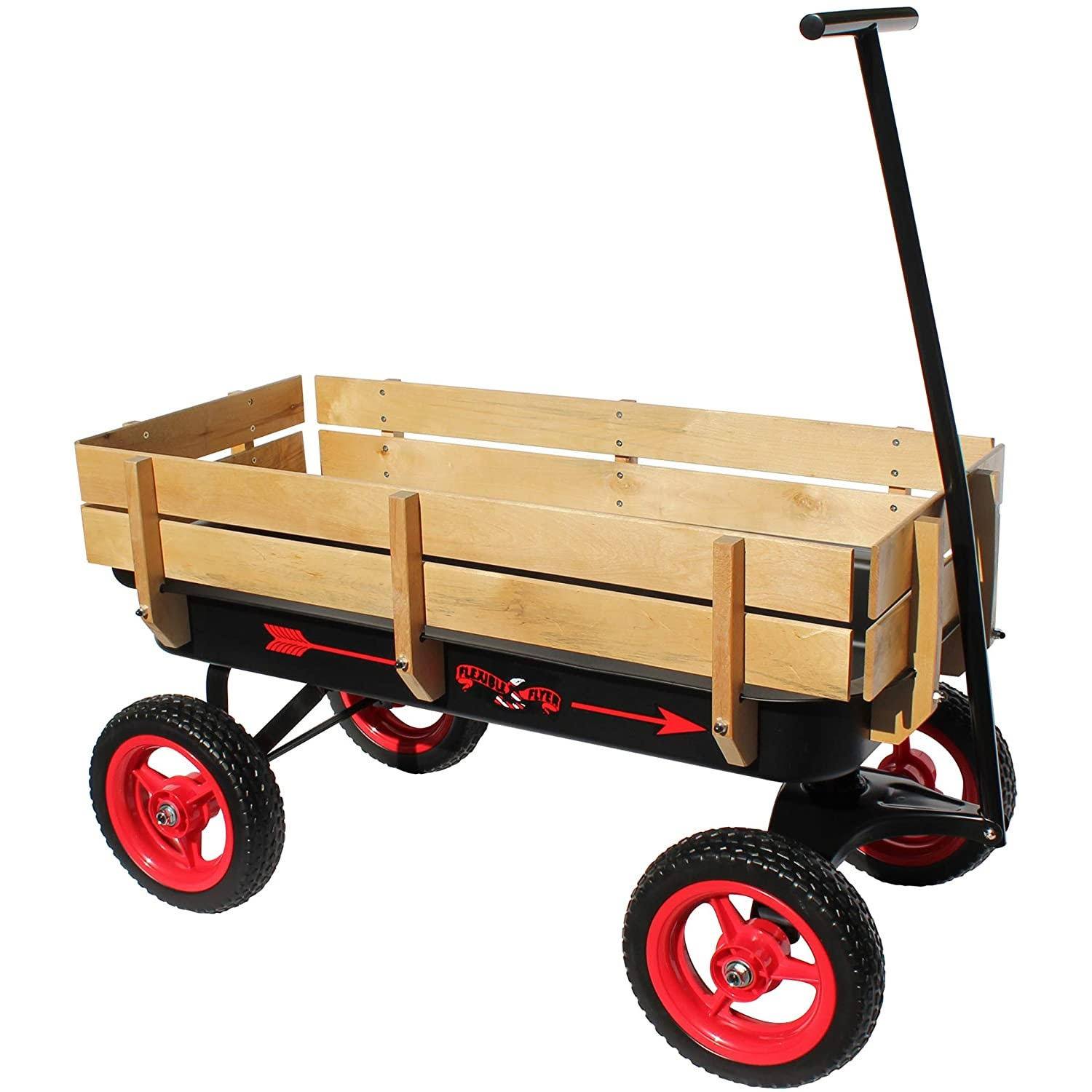 Flexible Flyer W-101 All Terrain Wood and Steel Wagon with Handle, Black and Red
