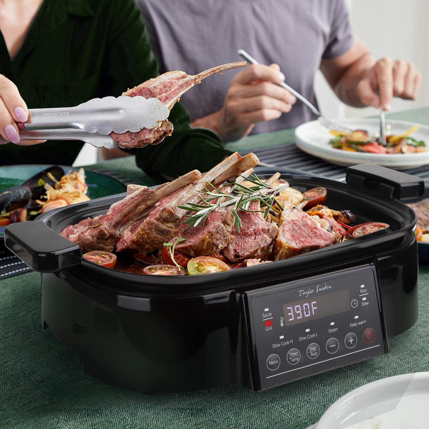 Programmable Slow Cooker with Countdown Timer, 6 L 6.3 Quart Multi-cooker with Steamer Tray, Grill Plate, Cooker pot 8-in-1 Preset Modes, Taylor Swoden