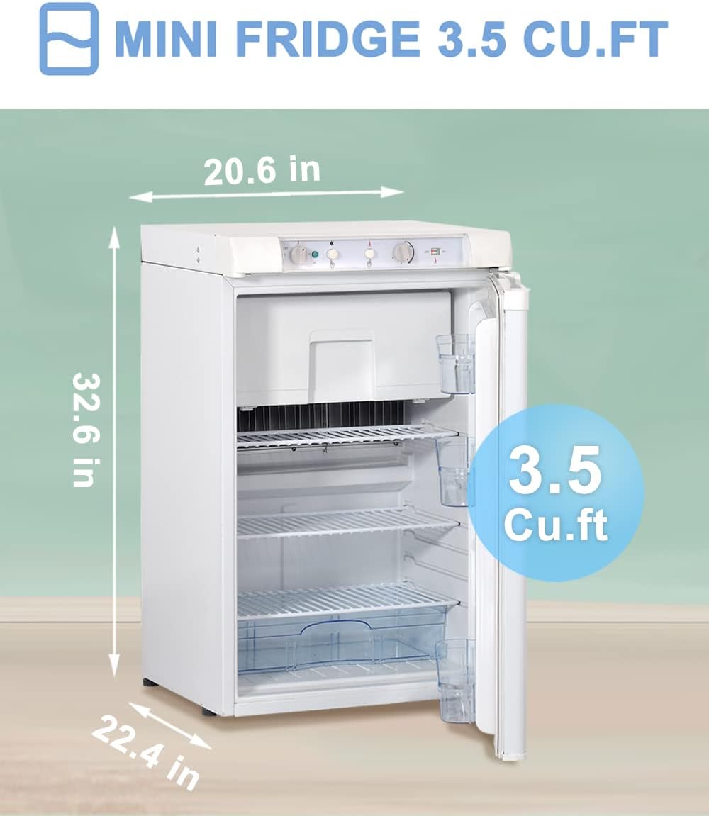 3.5 Cu.Ft RV Propane Refrigerator with Freezer, 3 Way Fridge with Reversible Door, AC/DC/GAS Refrigerator for Camper, Cabin, Semi Truck, Van, Quiet, White