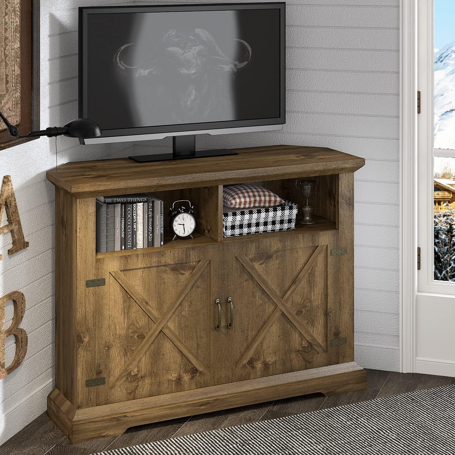 HOOMIC 44’’ Modern Farmhouse Corner TV Stand for TVs Up to 50 Inches, TV Console Table with Storage Cabinets, Buffet Cabinet with 2 Doors & 2 Shelves for Living Room, Corner Universal, Espresso
