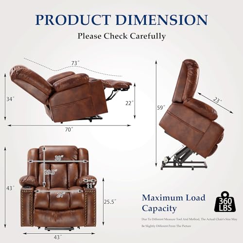 Large Power Lift Chairs Recliners for Elderly with Heated and Massage, Overstuffed Adjustable Lift Chairs, 3 Positions, Breathable Leather, USB-A and USB-C, Cup Holder, Side Pocket Dark Brown