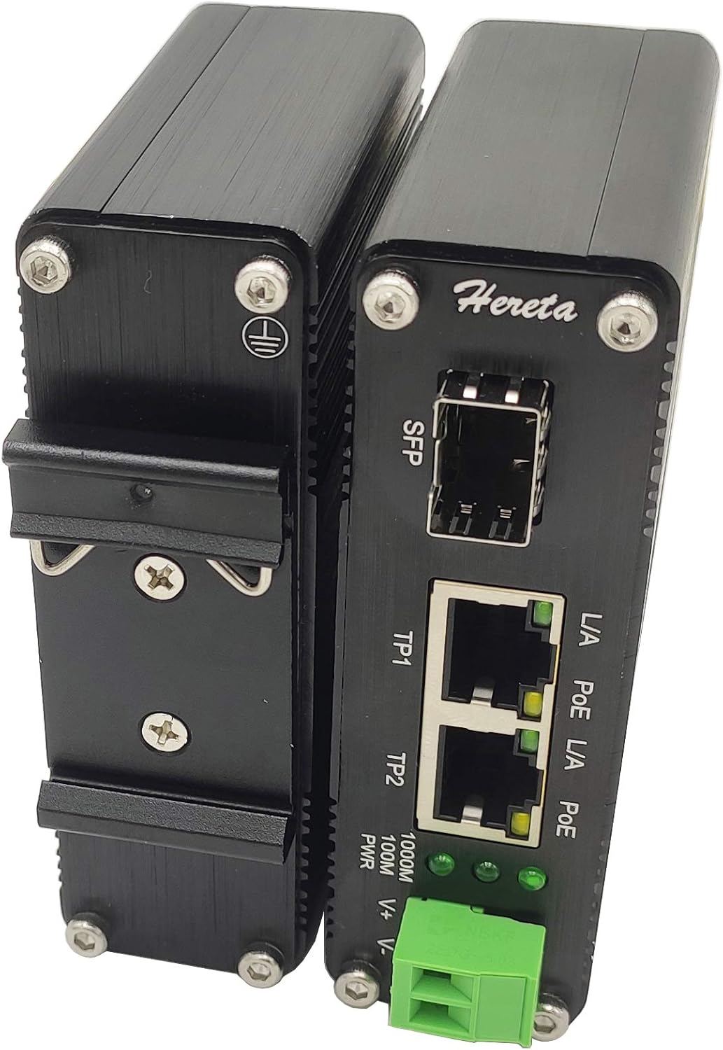 Gigabit Industrial Ethernet Media Converter POE+ 30W Aluminum Case 2 RJ45 Port 1 SFP Port Supports External SFP Modules 12~48V DC Input Power