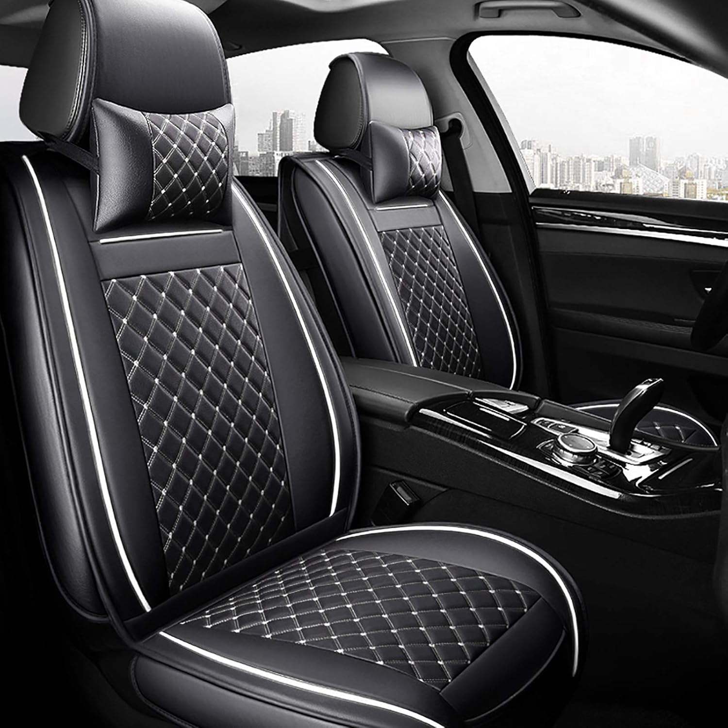 FREESOO Car Seat Cover Leather, 2 Front Seats Covers Carseat Protectors Universal Fit for Almost Sedan SUV Truck Pick-up (Khaki Black 2PCS)