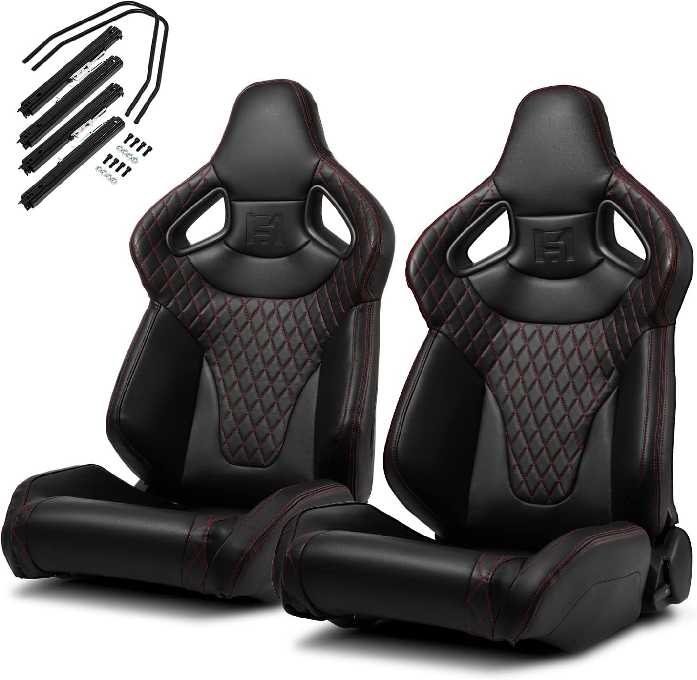 ModifyStreet 1 Pair Universal Black w/Red Stitching w/Carbon Fiber Leather PVC Reclinable C-Series Racing Seats W/Slider Left/Right