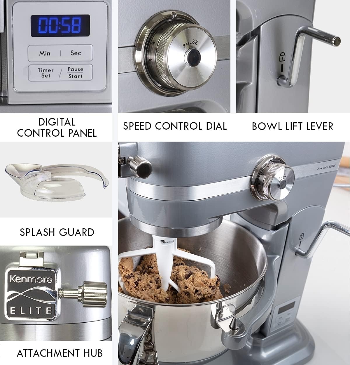 Kenmore Elite Heavy-Duty 6 Qt Bowl-Lift Stand Mixer, 600 Watts, with Flat Beater, Wire Whisk, Dough Hook, Stainless Steel Bowls, LED Light, Digital Countdown Timer, Metallic Grey