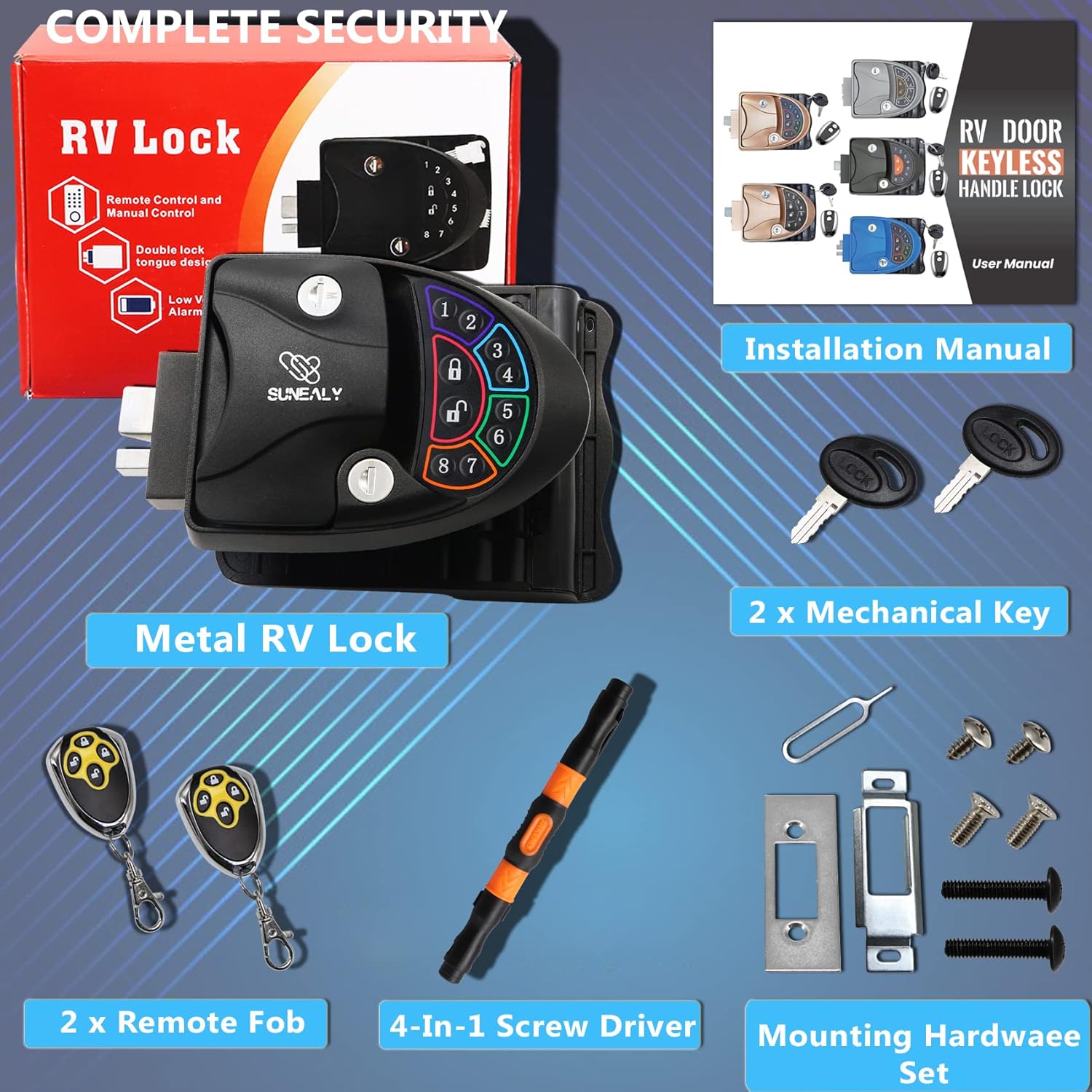 RV Keyless Entry Door Lock 2021 RV Door Lock/Metal Rv Door Lock w/ 2 Fobs and Backlit Keypad/Protective Gasket, Screwdriver & 2 Keys for 5th Wheel Bumper Pull Horse Camper 2.75" x 3.75"