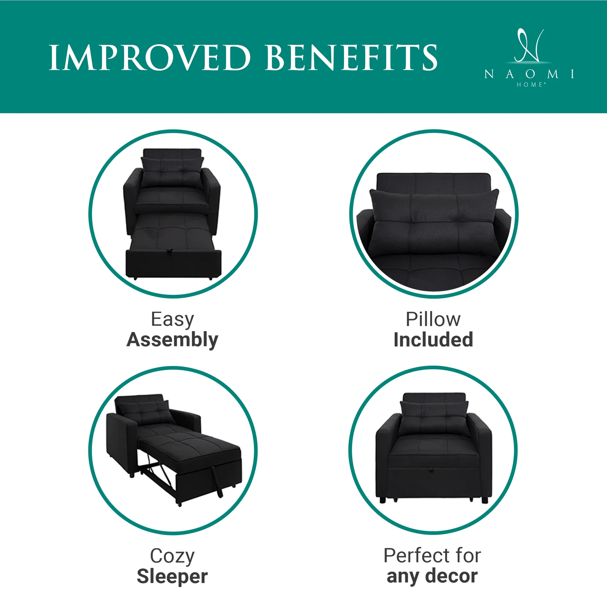 Anna 3 in 1 Convertible Chair Bed Sleeper, Pull Out Sofa Bed, Pull Out Couch, Sleeper Chair with with Pillow, Pull Out Bed with Adjustable Backrest Living Room - Black