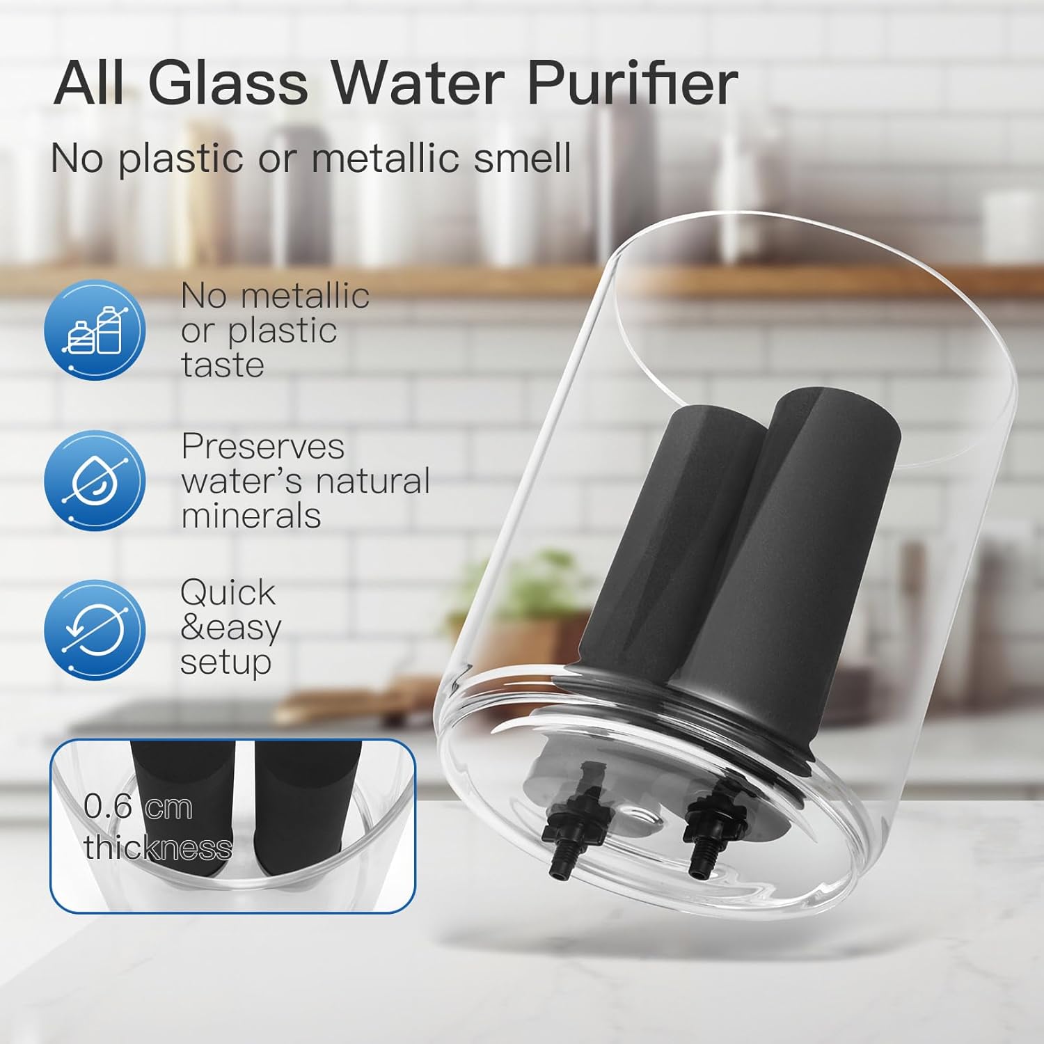 All Glass Gravity-fed Water Filter System, 2.25-Gallon All Glass Water Purifier with 4 Filters (4 Black Filter, 7 Inch Stand, Protective Sleeve), Reduces 99% Chlorine